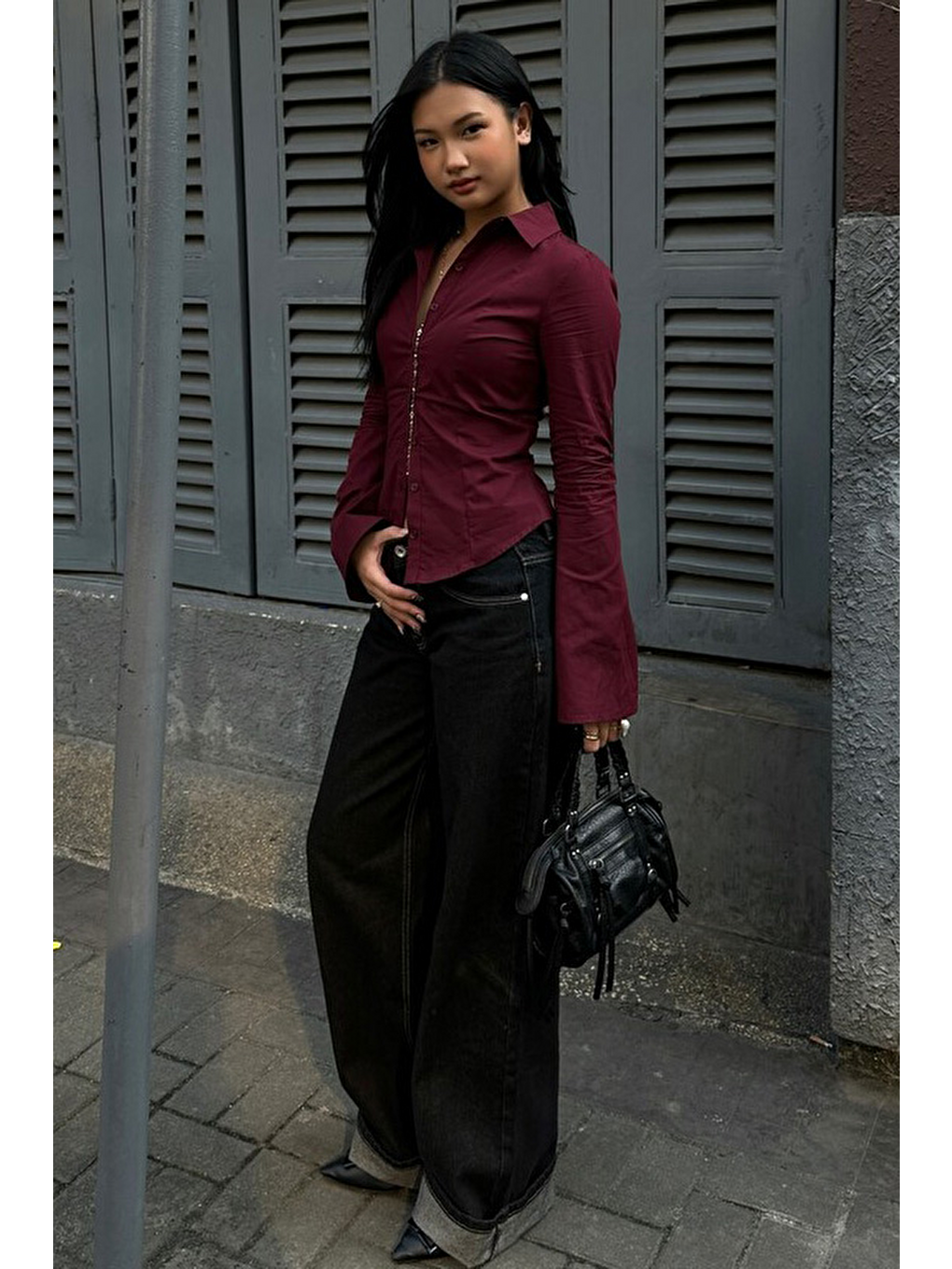 Bordo Vücuda Oturan Slim Fit Kadın Gömlek Mg2659