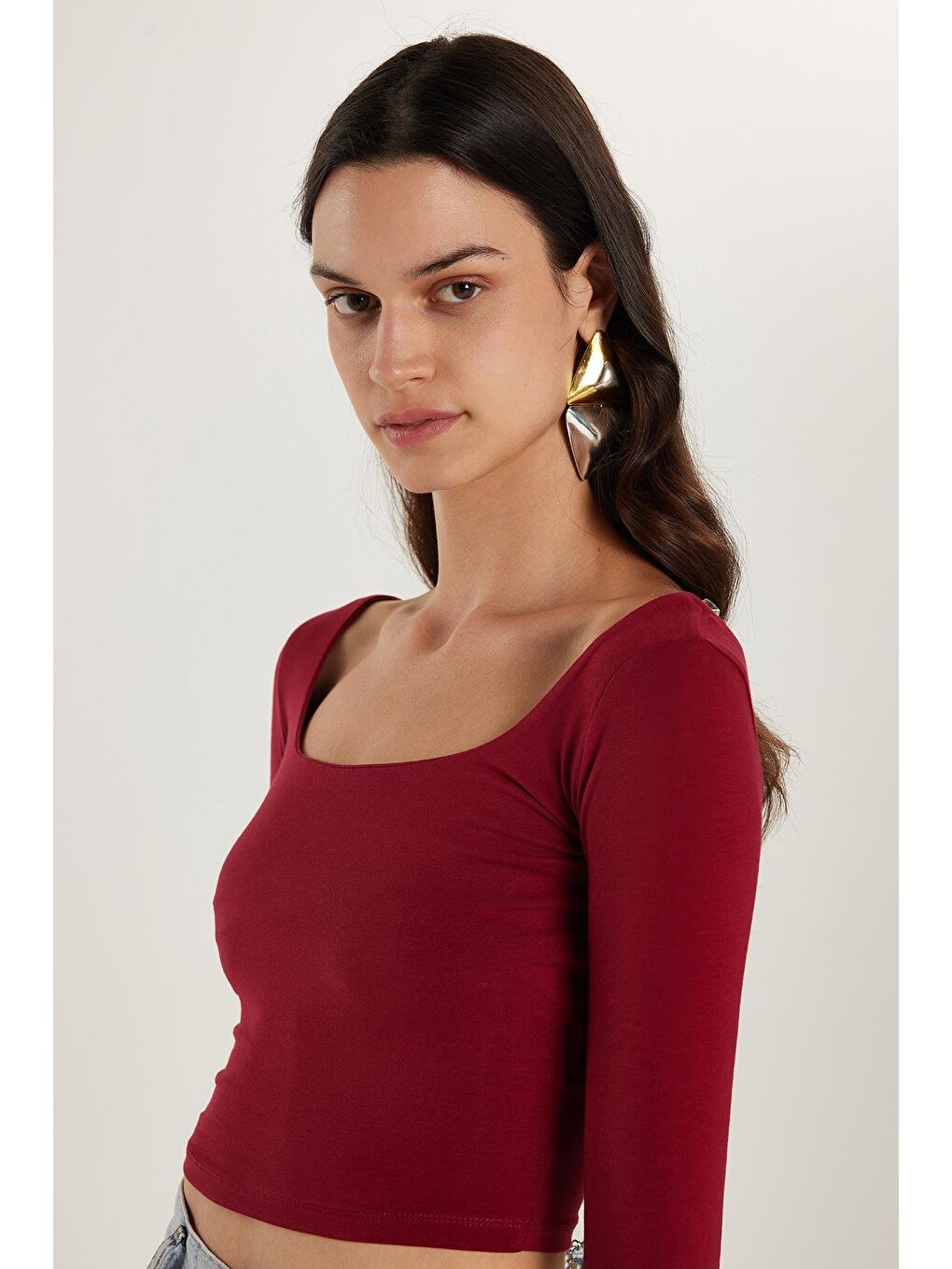 Kadın Slim Fit Dar Kesim Pamuklu Kayık Yaka Bordo Bluz-1