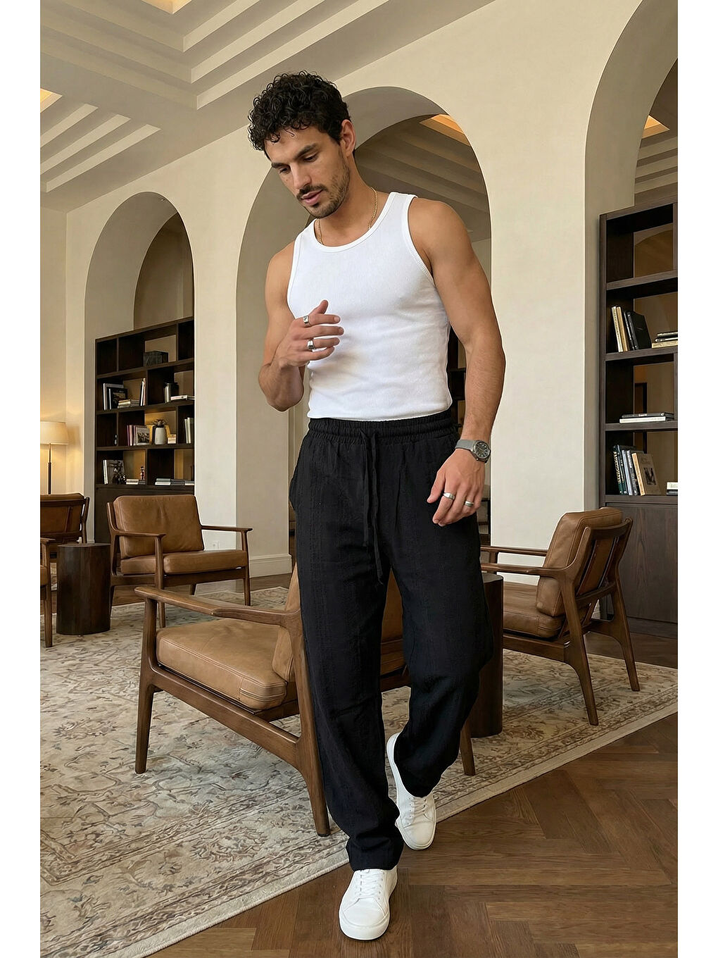 Siyah Bunga Desenli Keten Görünümlü Lastikli Erkek Pantolon-1