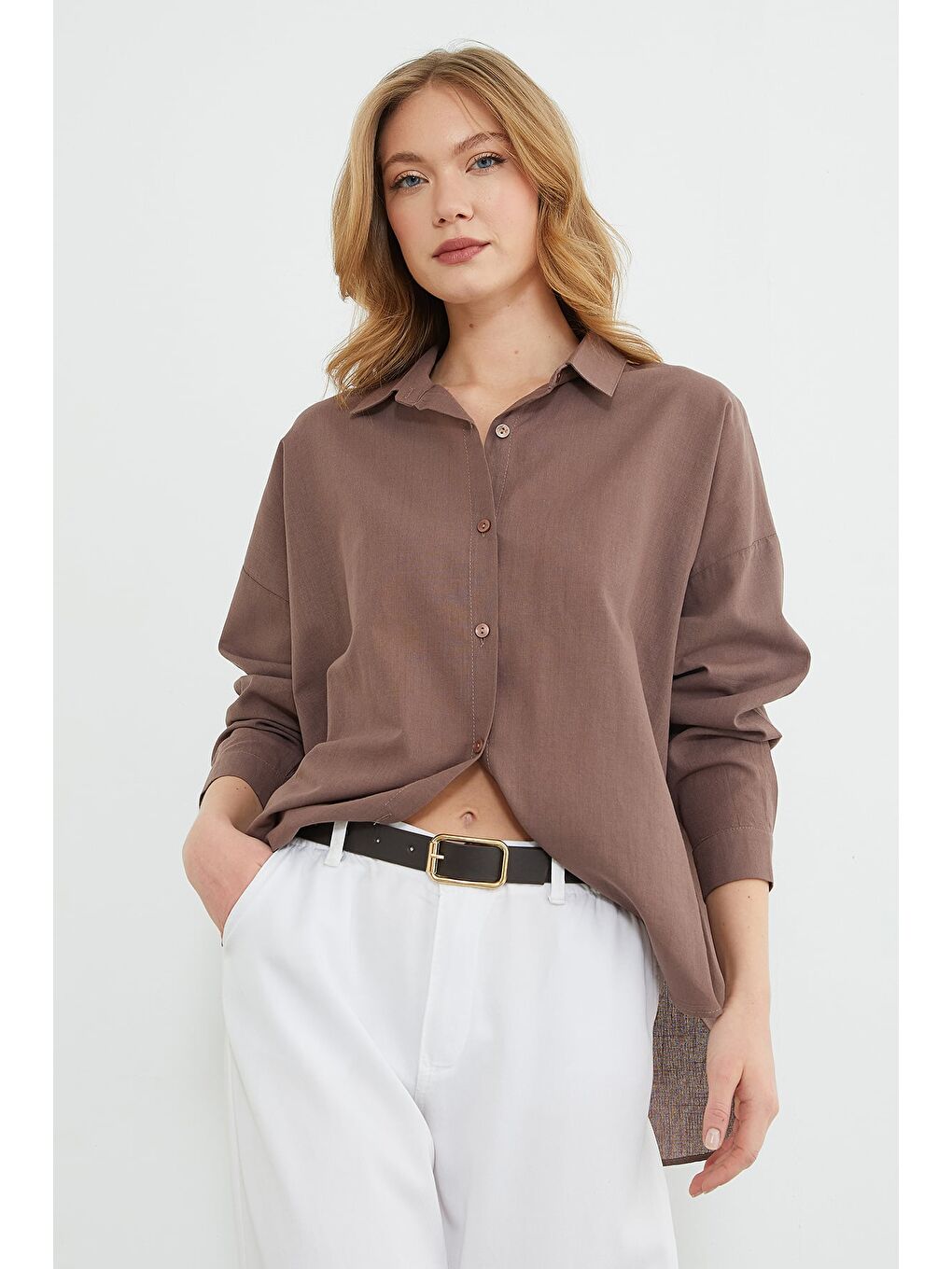 Kahverengi Basic Keten Görünümlü Oversize Gömlek