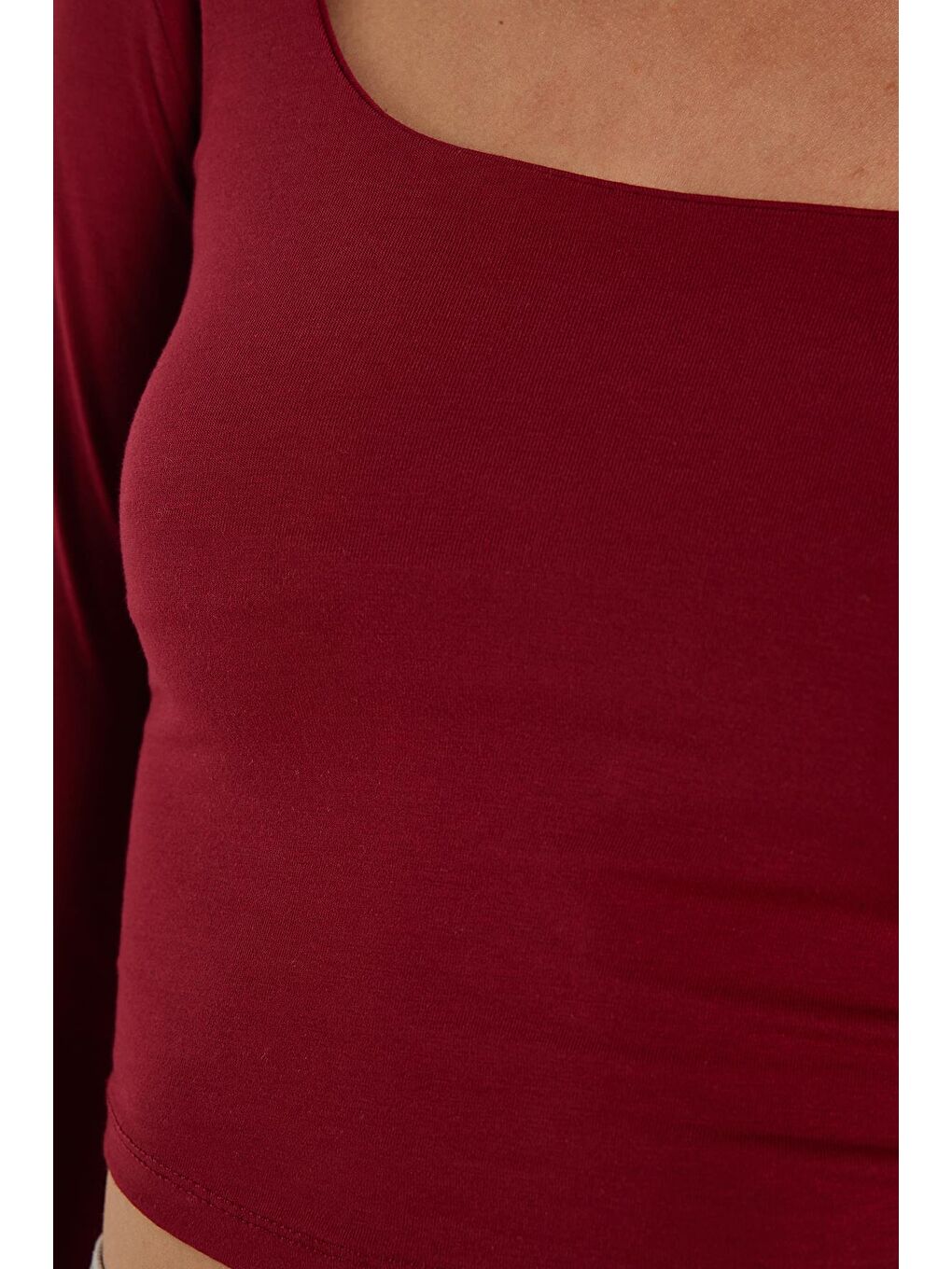 Kadın Slim Fit Dar Kesim Pamuklu Kayık Yaka Bordo Bluz-2