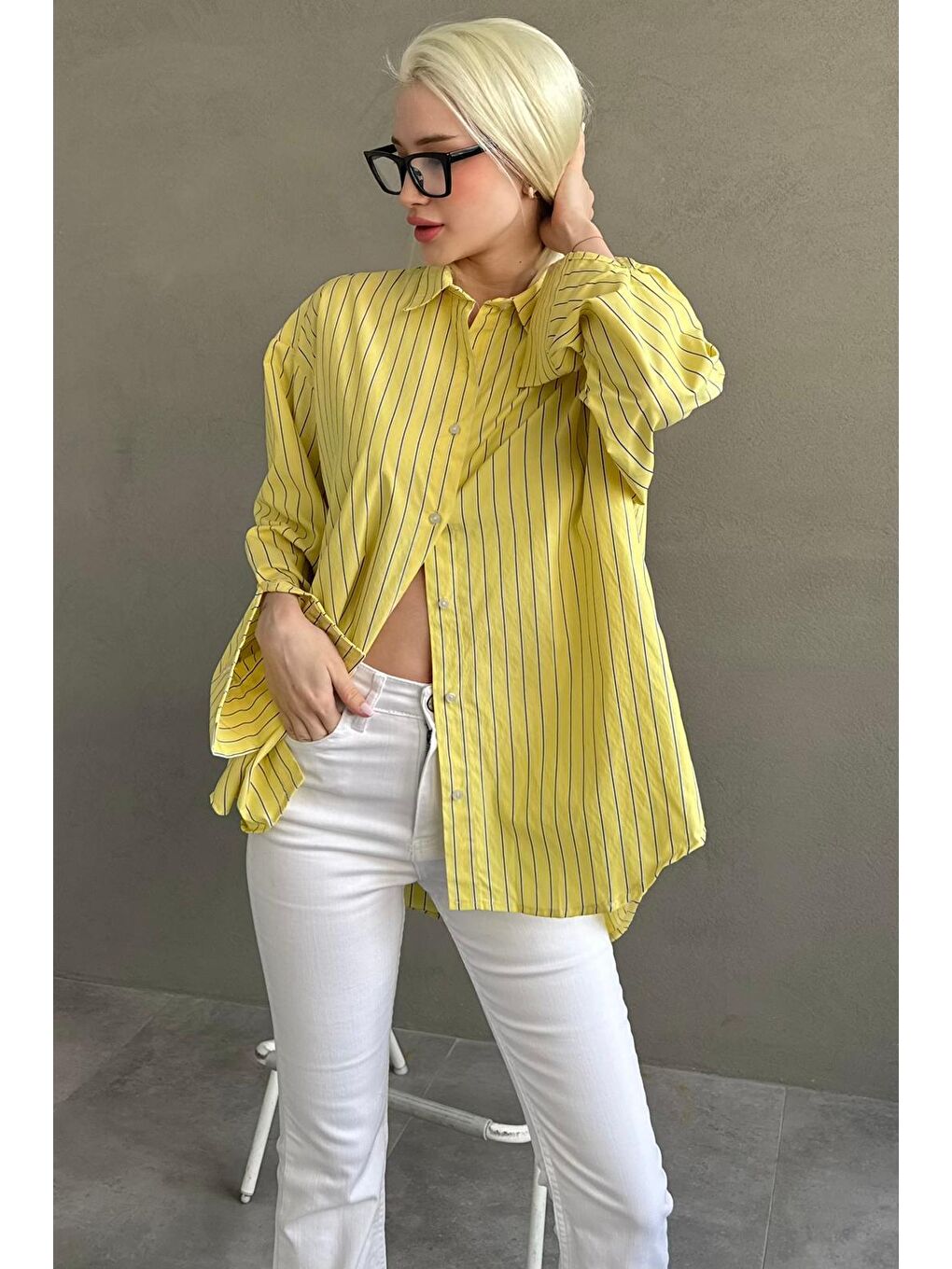 Sarı Çizgili Regular Kesim Kadın Gömlek Mg2610-3