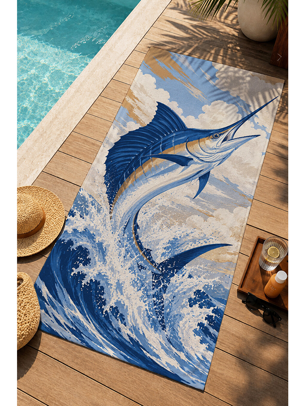 Mavi Denizci Marlin Balığı Okyanus Dalgası Desenli 70x150 Plaj Havlusu - Dijital Baskılı Banyo Havlusu-3