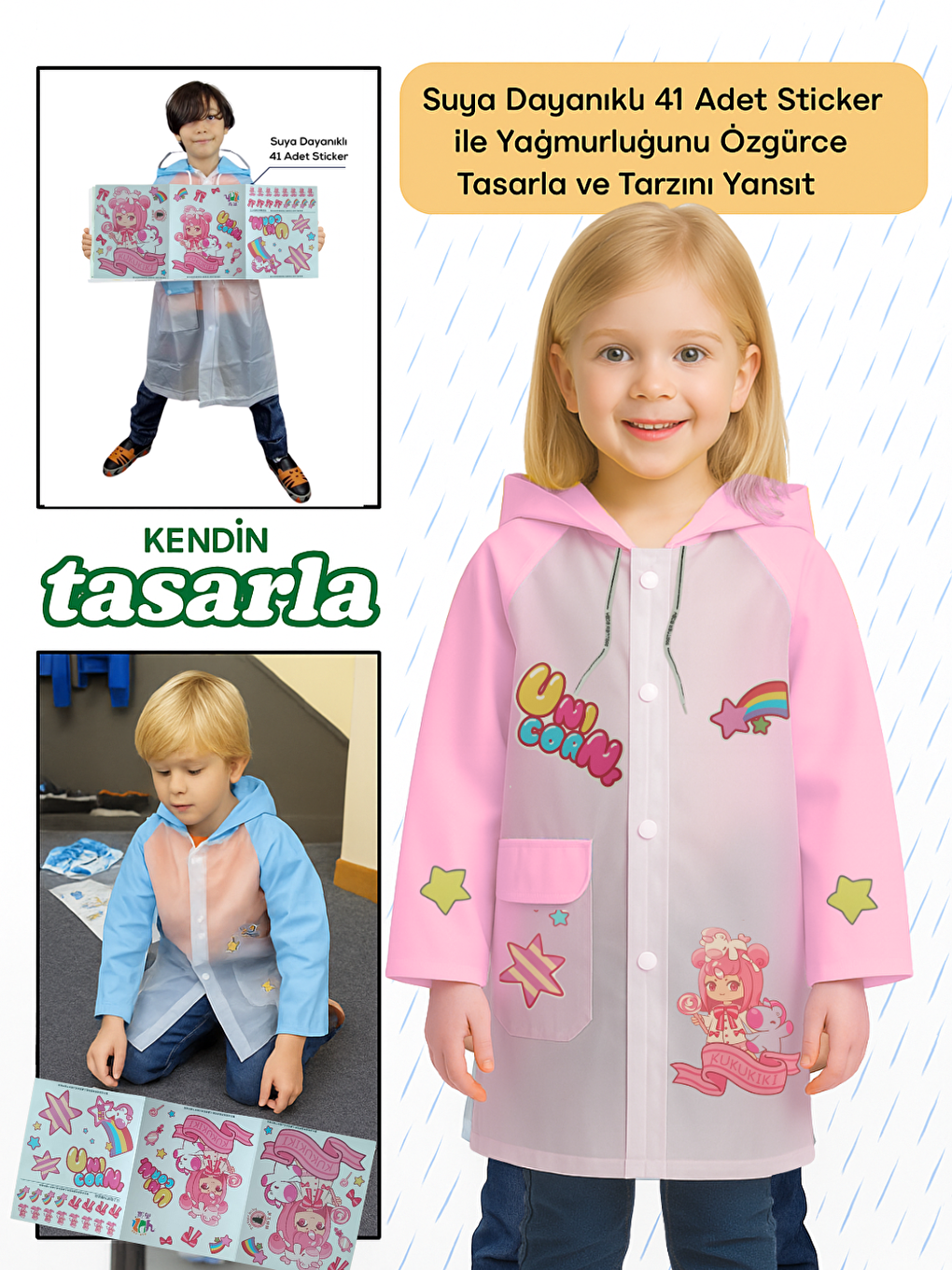 Pembe Kendin Tasarla Kız Çocuk Yağmurluk-1