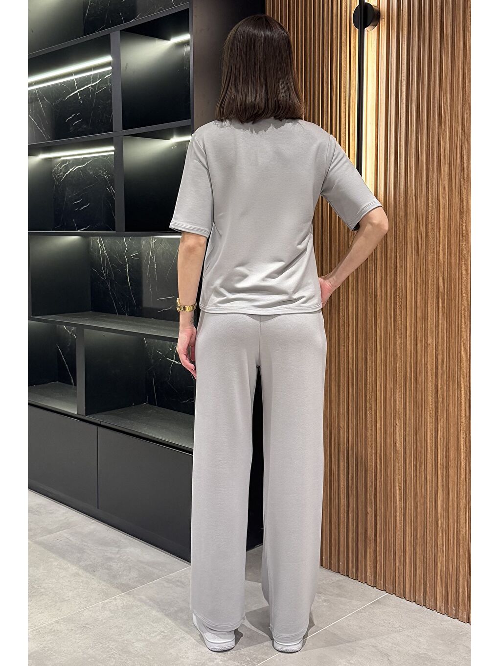 Gri Kadın Nakışlı Çimalı Tişört Pantolon İkili Takım-2