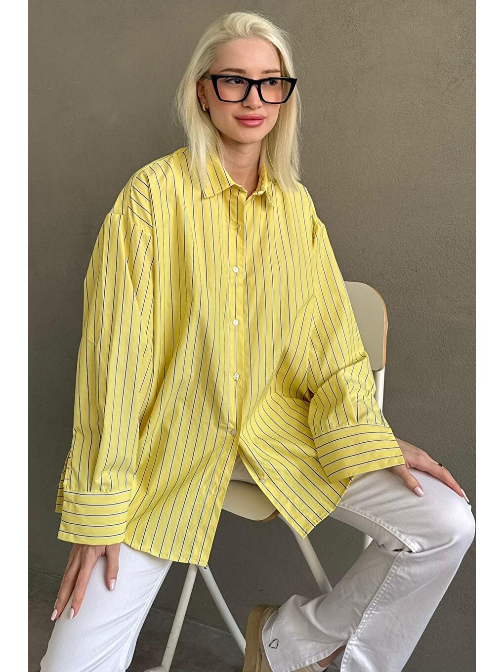 Sarı Çizgili Regular Kesim Kadın Gömlek Mg2610-4