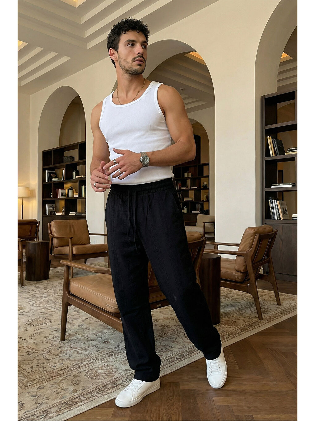 Siyah Bunga Desenli Keten Görünümlü Lastikli Erkek Pantolon-3