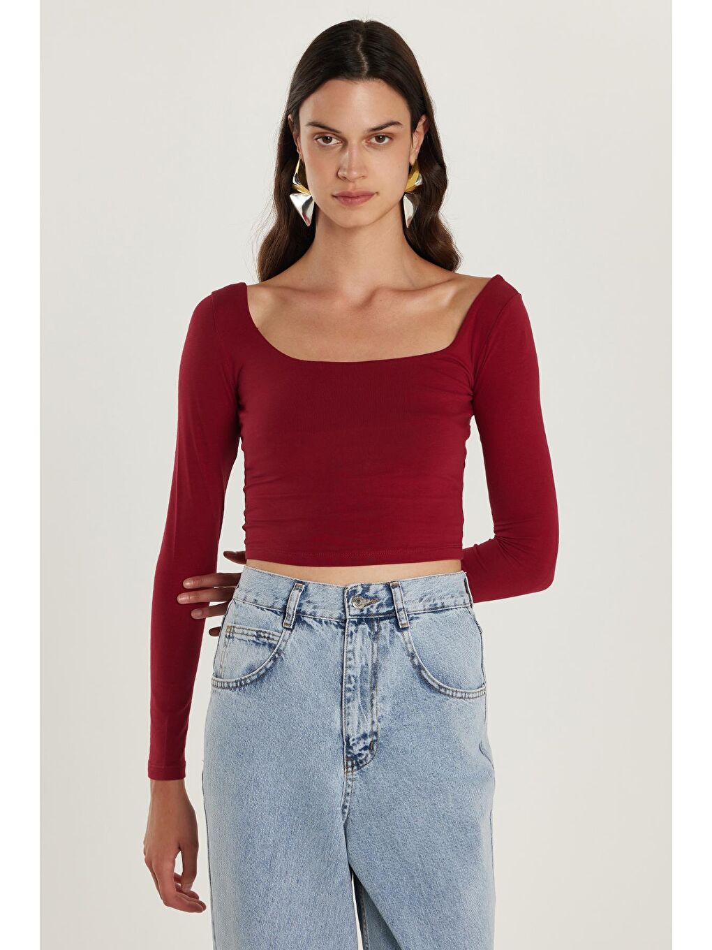 Kadın Slim Fit Dar Kesim Pamuklu Kayık Yaka Bordo Bluz-3