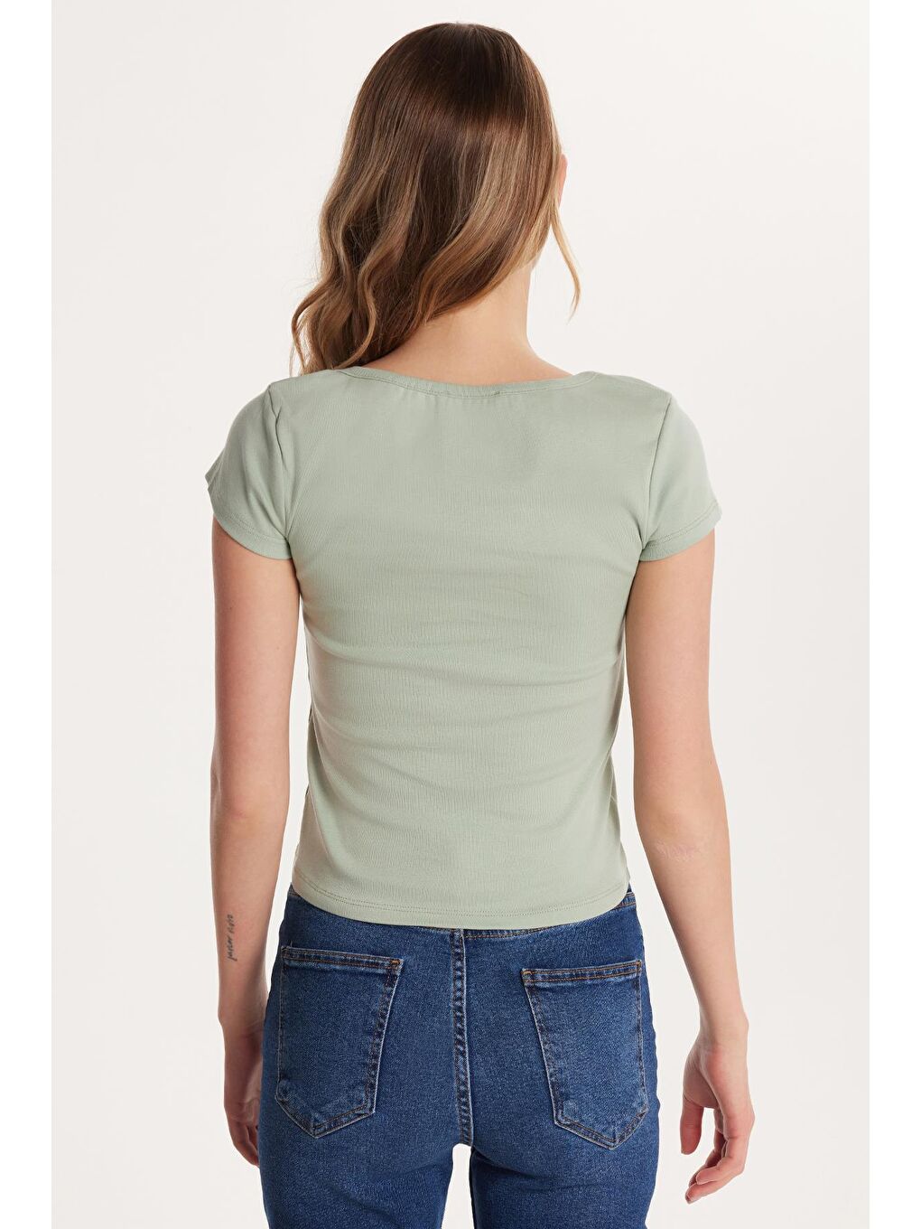 Yeşil Kadın Slim Fit Dar Kesim Pamuklu Kısa Kollu U Yaka Mint Bluz-4