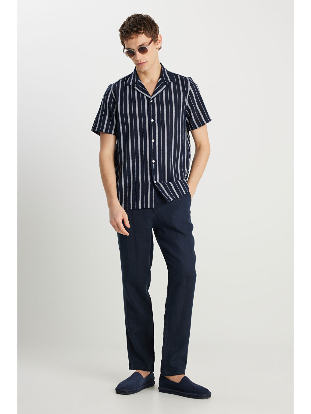 %100 Keten Regular Fit Normal Kesim Normal Bel Düz Paça Lacivert Pantolon