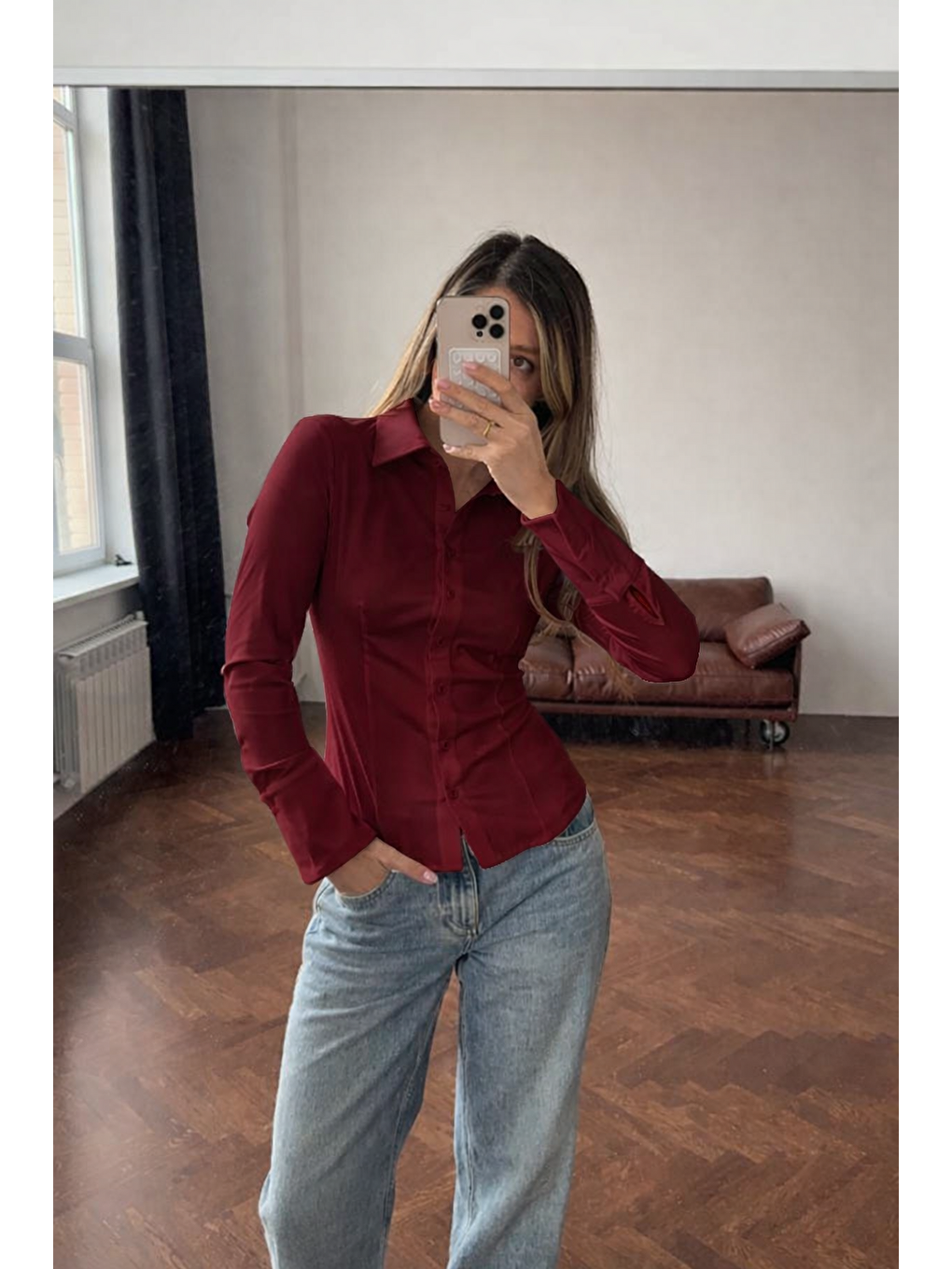 Bordo Vücuda Oturan Slim Fit Kadın Gömlek Mg2659-2