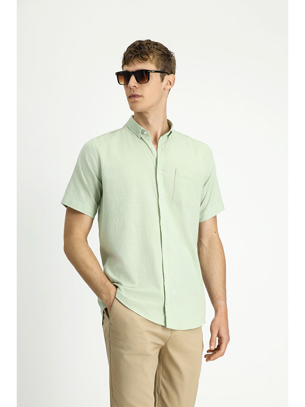 Turkuaz Kısa Kol Relax Fit Düğmeli Yaka Keten Görünümlü Pamuk Spor %100 Pamuk Gömlek