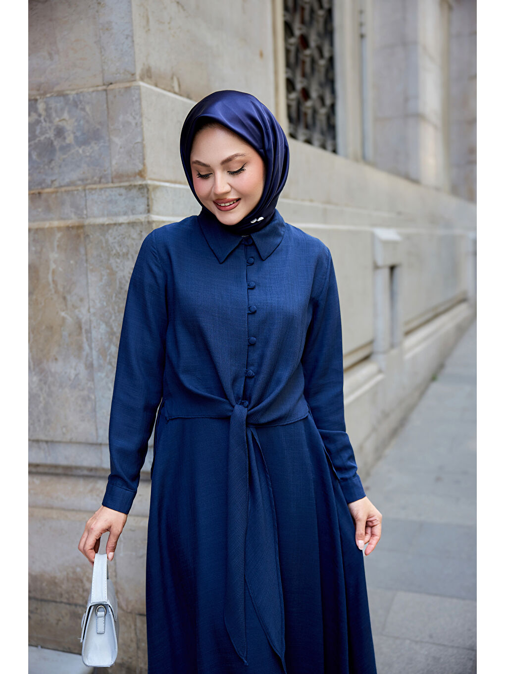 Kadın Gömleği Bağlamalı Keten Takım Lacivert-3