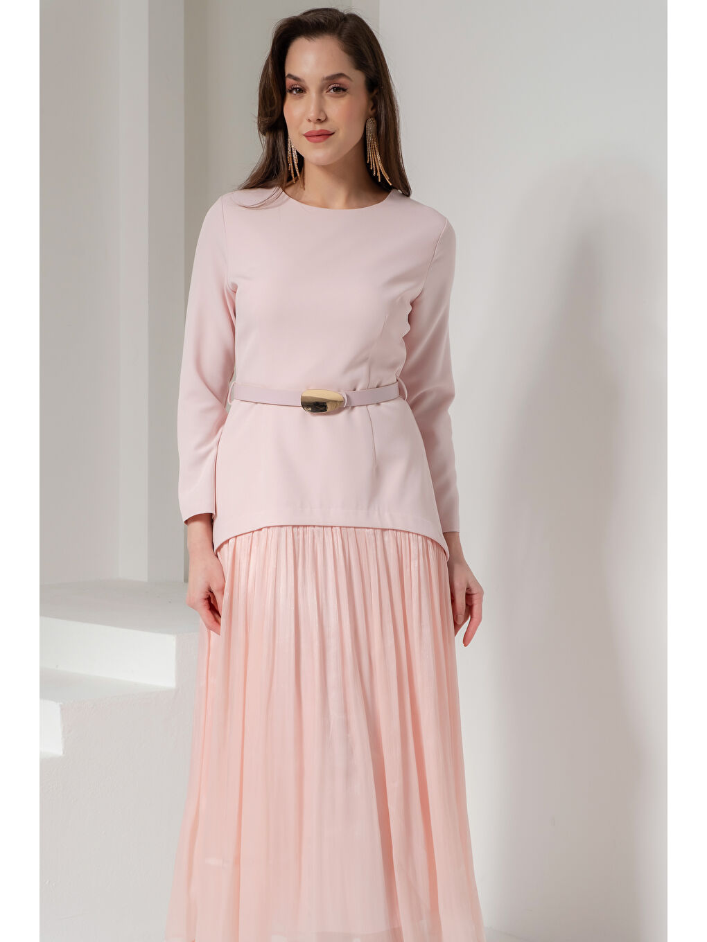 Pembe Kadın Pudra Kemerli Midi Abiye Elbise-2