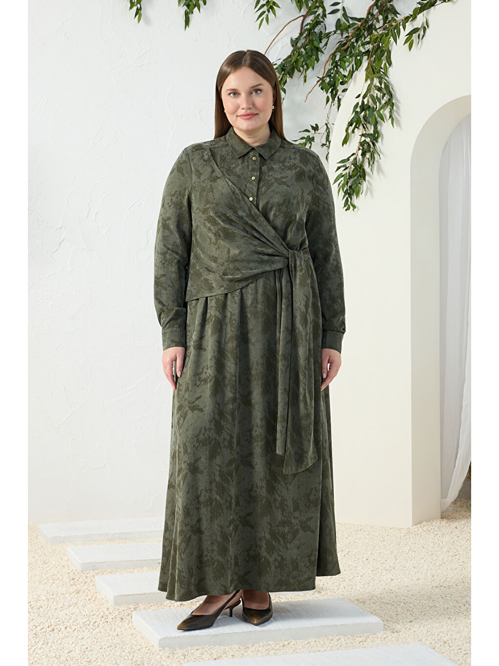 Haki Jakarlı Bağlama Detaylı Elbise-2