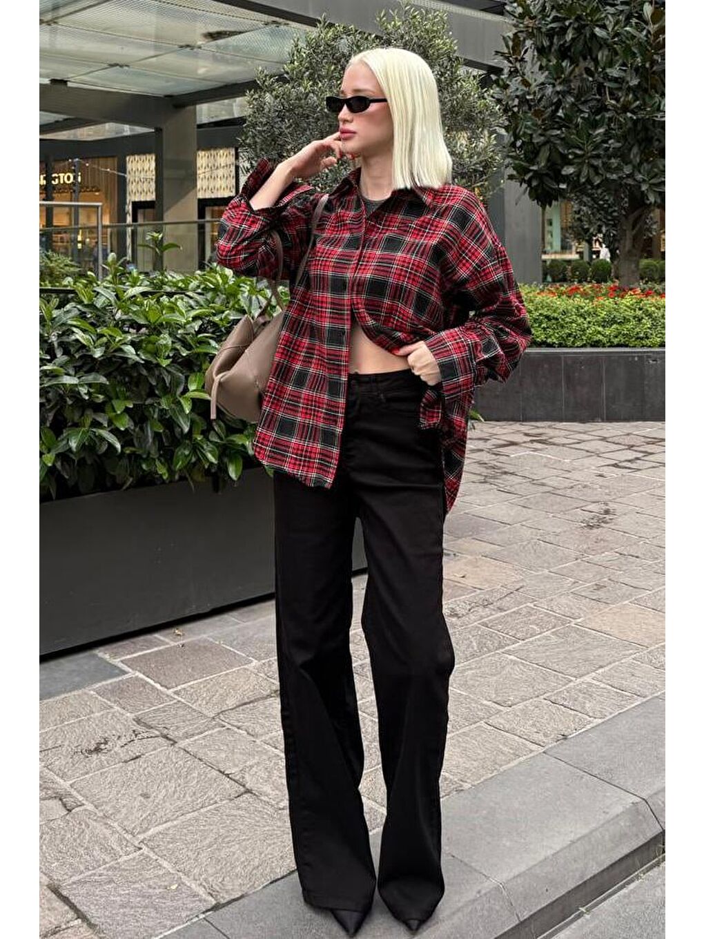 Kırmızı Oversize Ekose Desenli Kadın Gömlek Mg2589-1