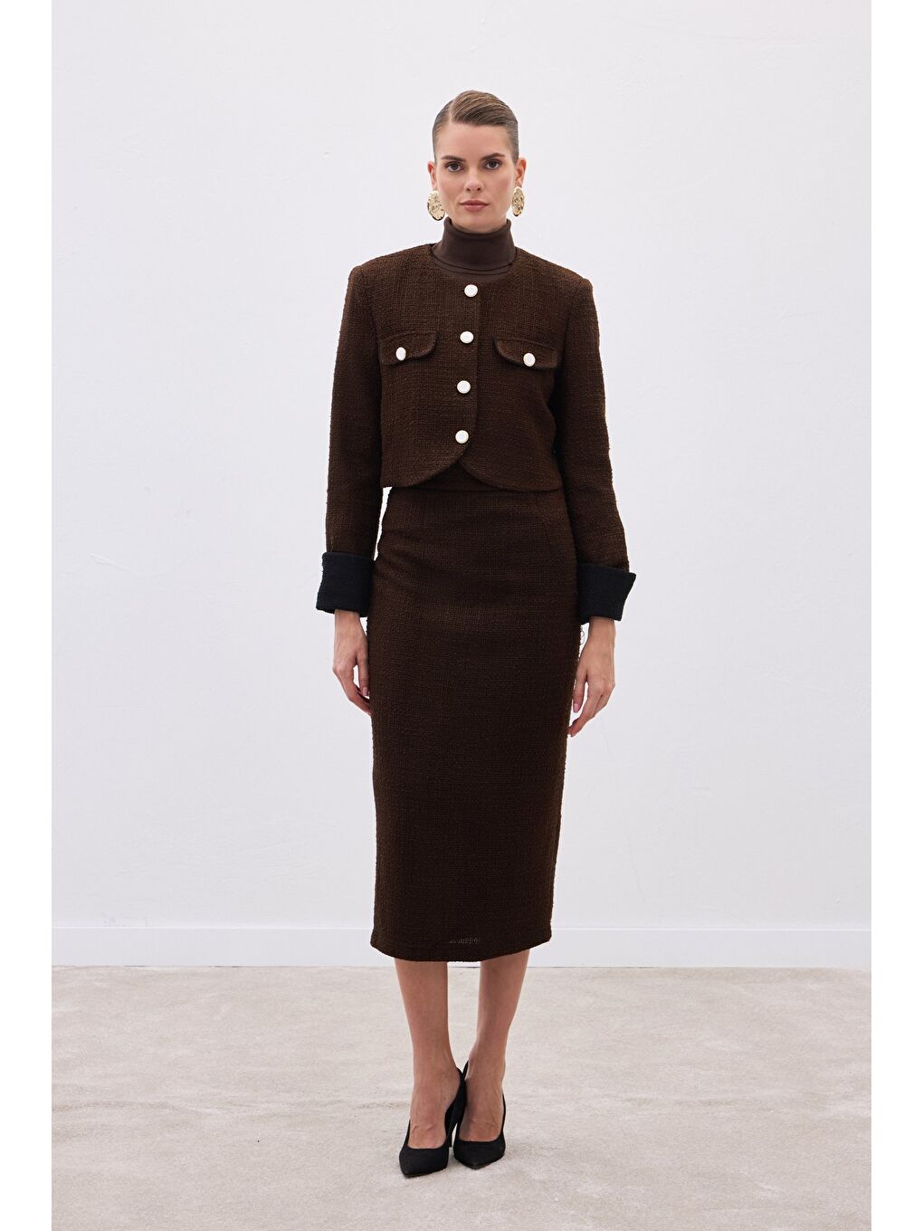 Kahverengi Kontrast Kısa Tüvit Ceket - Kahve-1