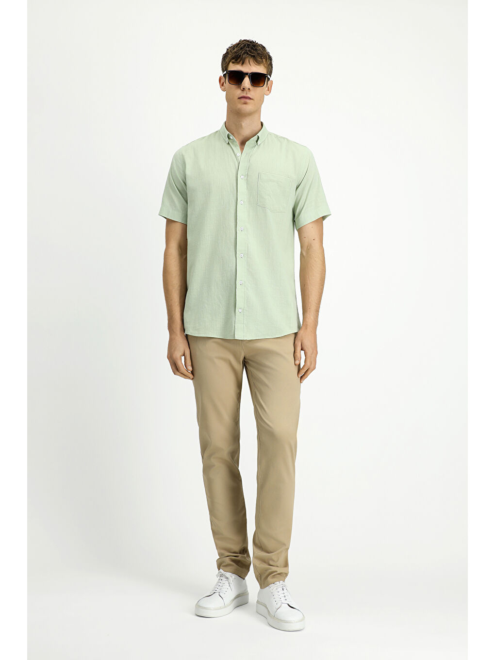 Turkuaz Kısa Kol Relax Fit Düğmeli Yaka Keten Görünümlü Pamuk Spor %100 Pamuk Gömlek-1