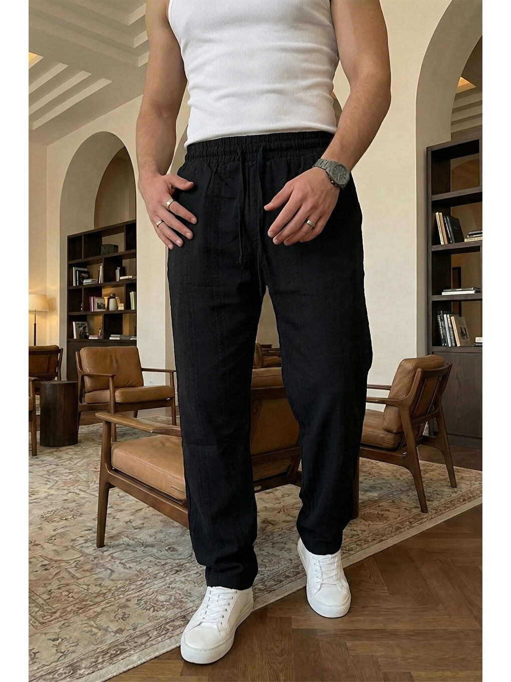 Siyah Bunga Desenli Keten Görünümlü Lastikli Erkek Pantolon-5