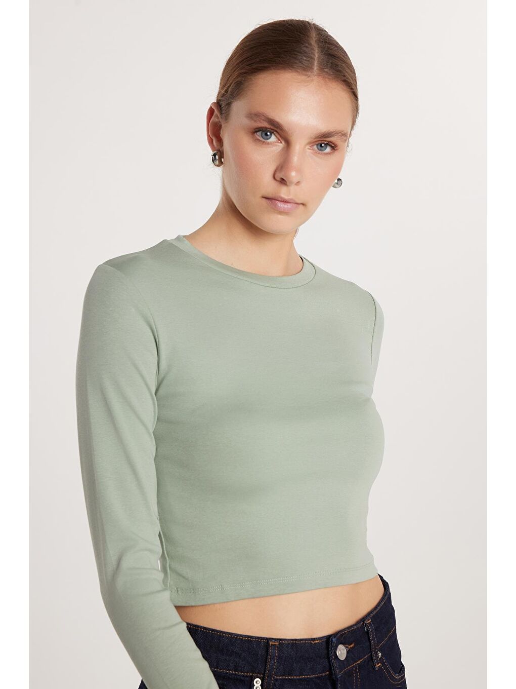 Kadın Slim Fit Pamuklu Uzun Kol Düz Yeşil Bisiklet Yaka Bluz