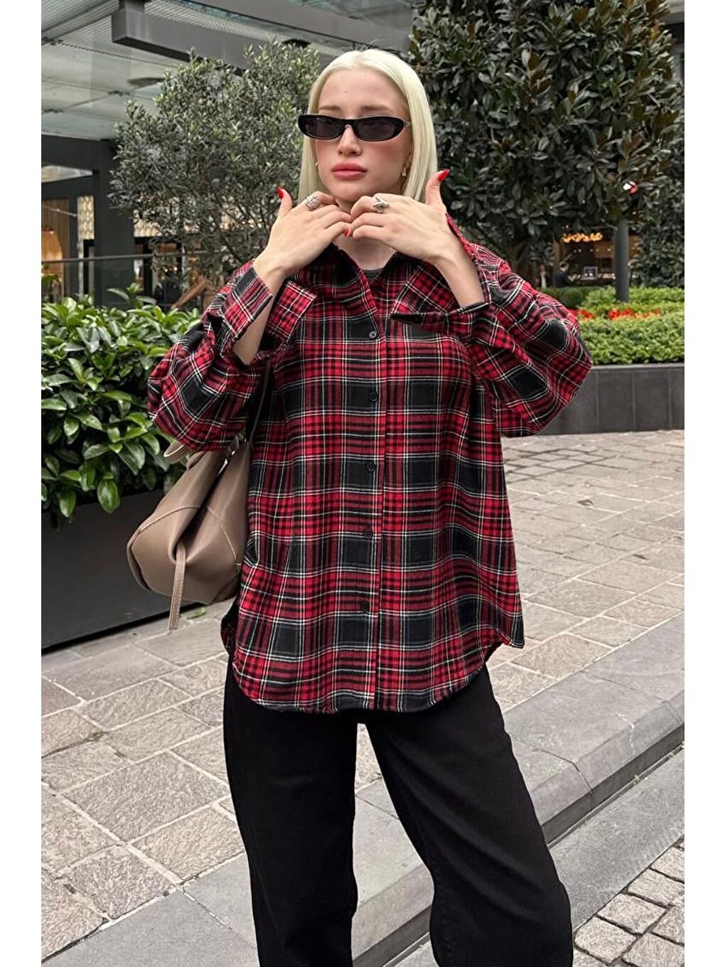 Kırmızı Oversize Ekose Desenli Kadın Gömlek Mg2589-2