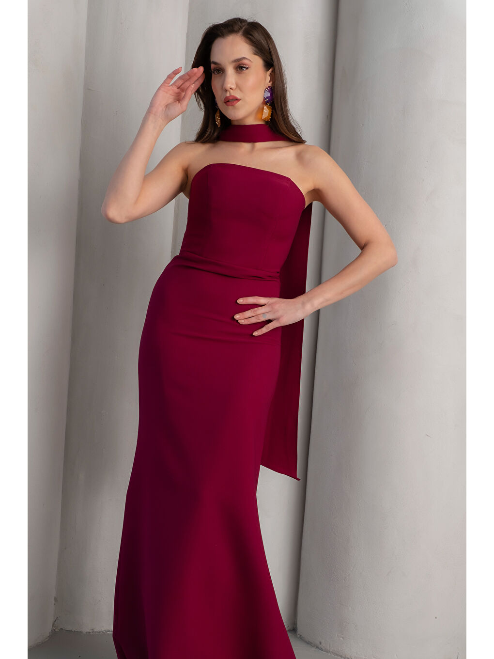 Kadın Mürdüm Dar Kalıp Şal Yaka Detay Uzun Abiye Elbise-2