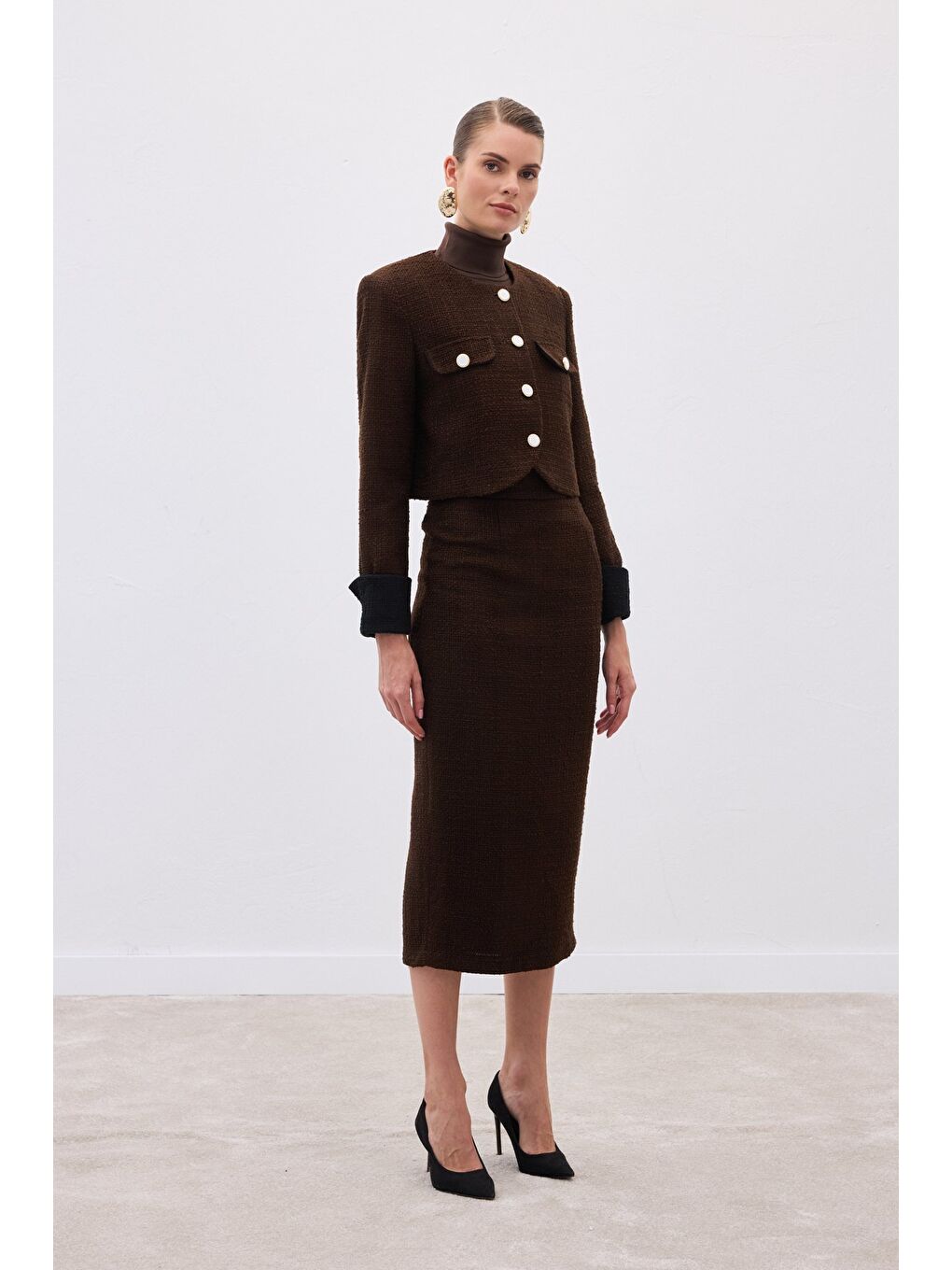 Kahverengi Kontrast Kısa Tüvit Ceket - Kahve-2