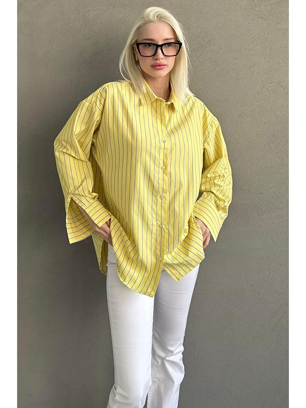 Sarı Çizgili Regular Kesim Kadın Gömlek Mg2610-5