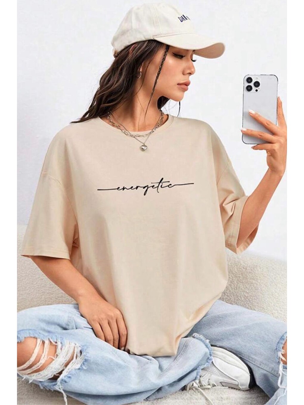 Bej Energetic Ön Baskılı Bisiklet Yaka Kadın Oversize Tshirt