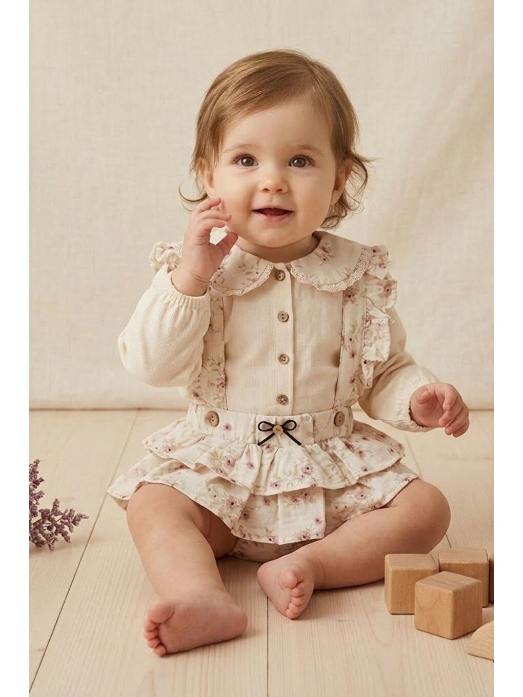 Ekru Çiçek Desenli & Fırfırlı İkili Bebek Takım-1