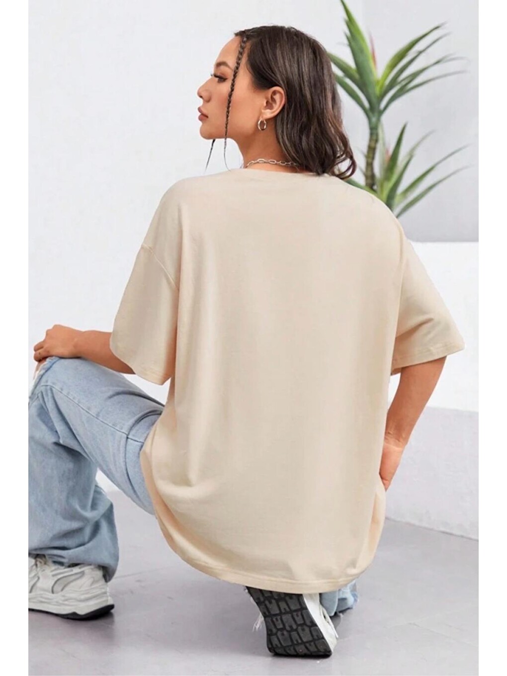 Bej Energetic Ön Baskılı Bisiklet Yaka Kadın Oversize Tshirt-1