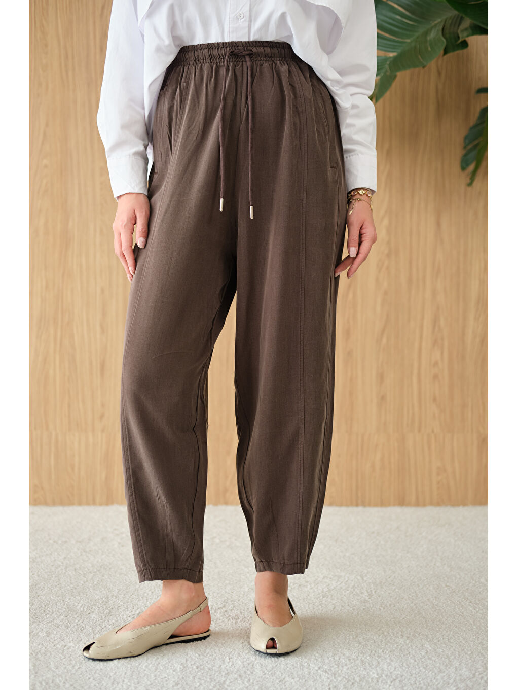 Kadın Şalvar Kesim Beli Ayarlanabilir Pantolon Kahverengi-3