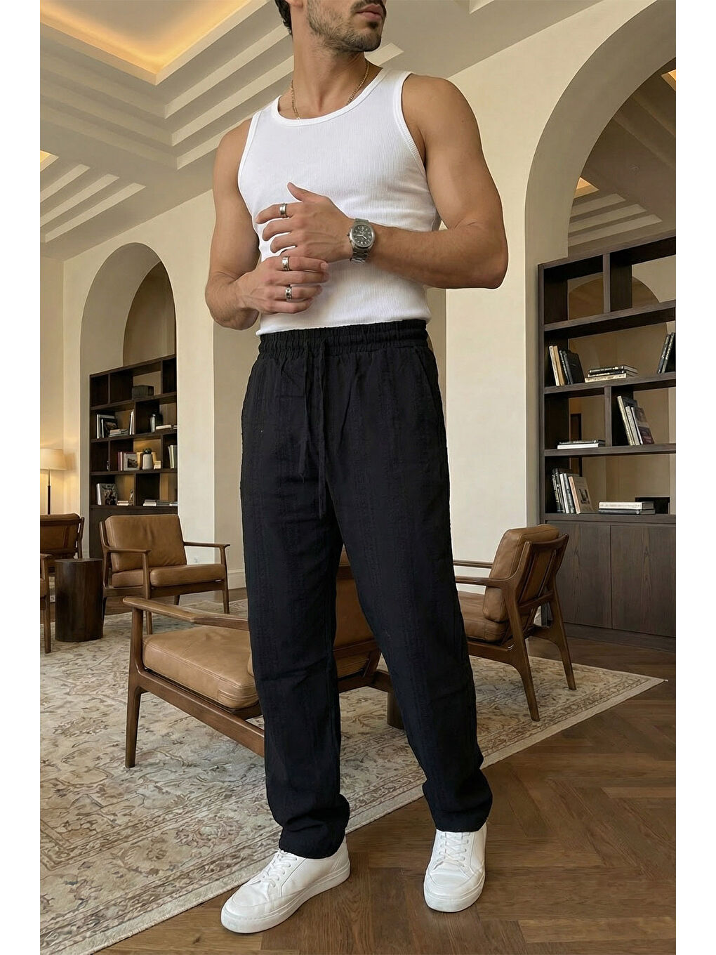 Siyah Bunga Desenli Keten Görünümlü Lastikli Erkek Pantolon-6