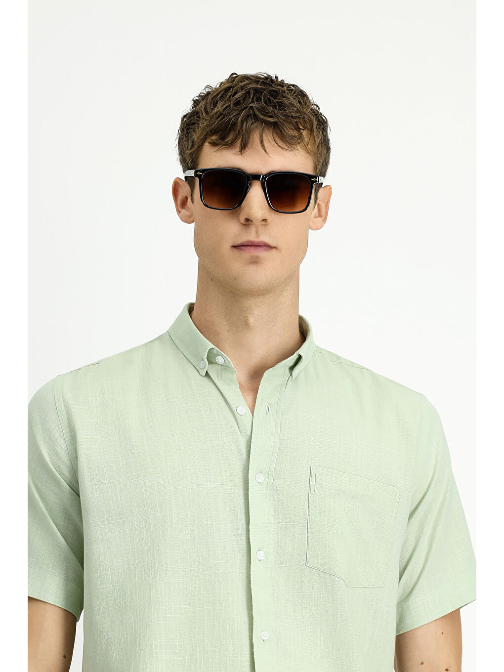 Turkuaz Kısa Kol Relax Fit Düğmeli Yaka Keten Görünümlü Pamuk Spor %100 Pamuk Gömlek-2