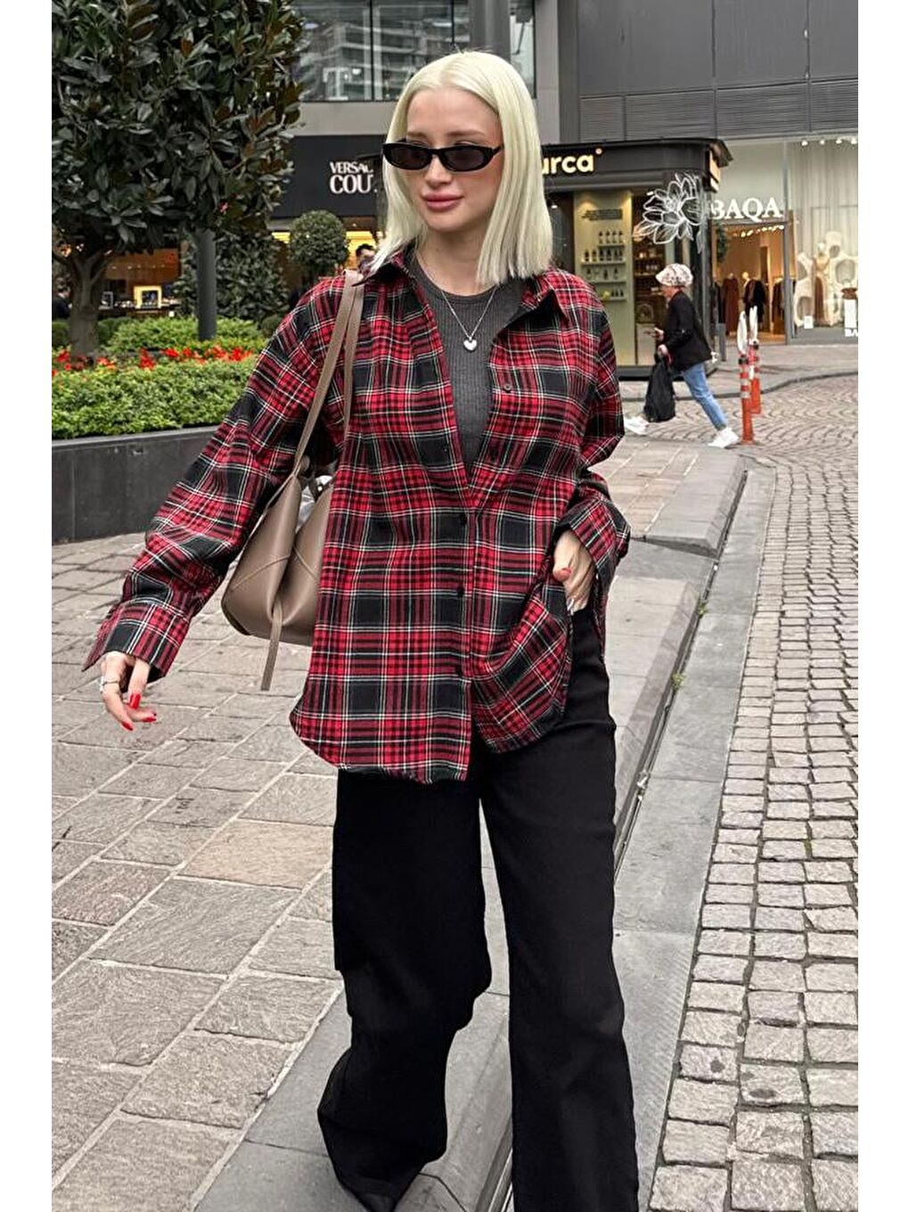 Kırmızı Oversize Ekose Desenli Kadın Gömlek Mg2589-3
