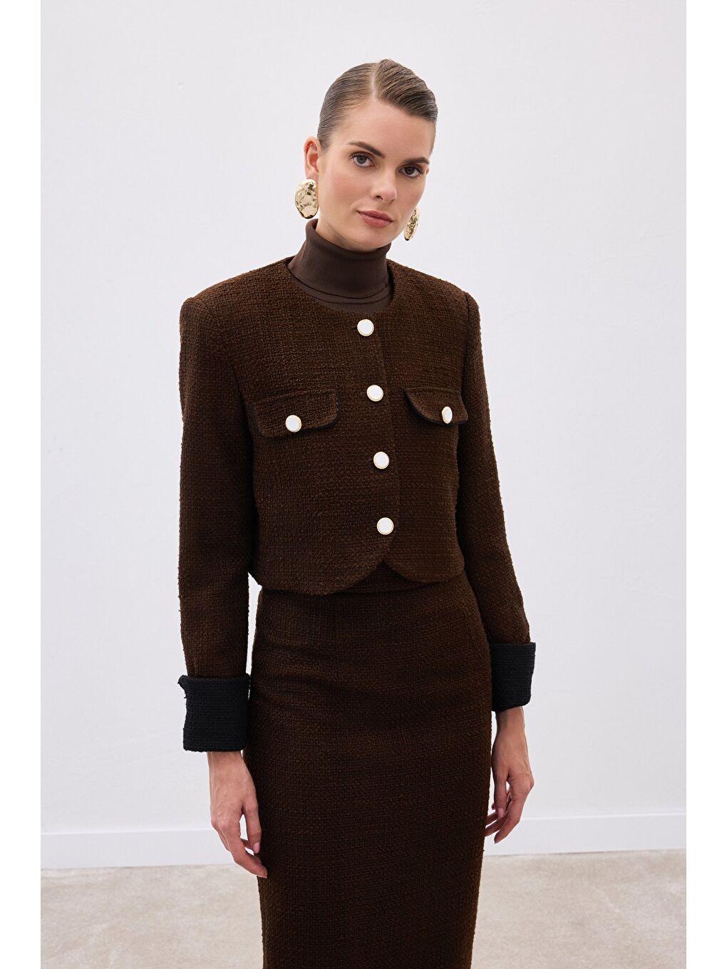 Kahverengi Kontrast Kısa Tüvit Ceket - Kahve-3