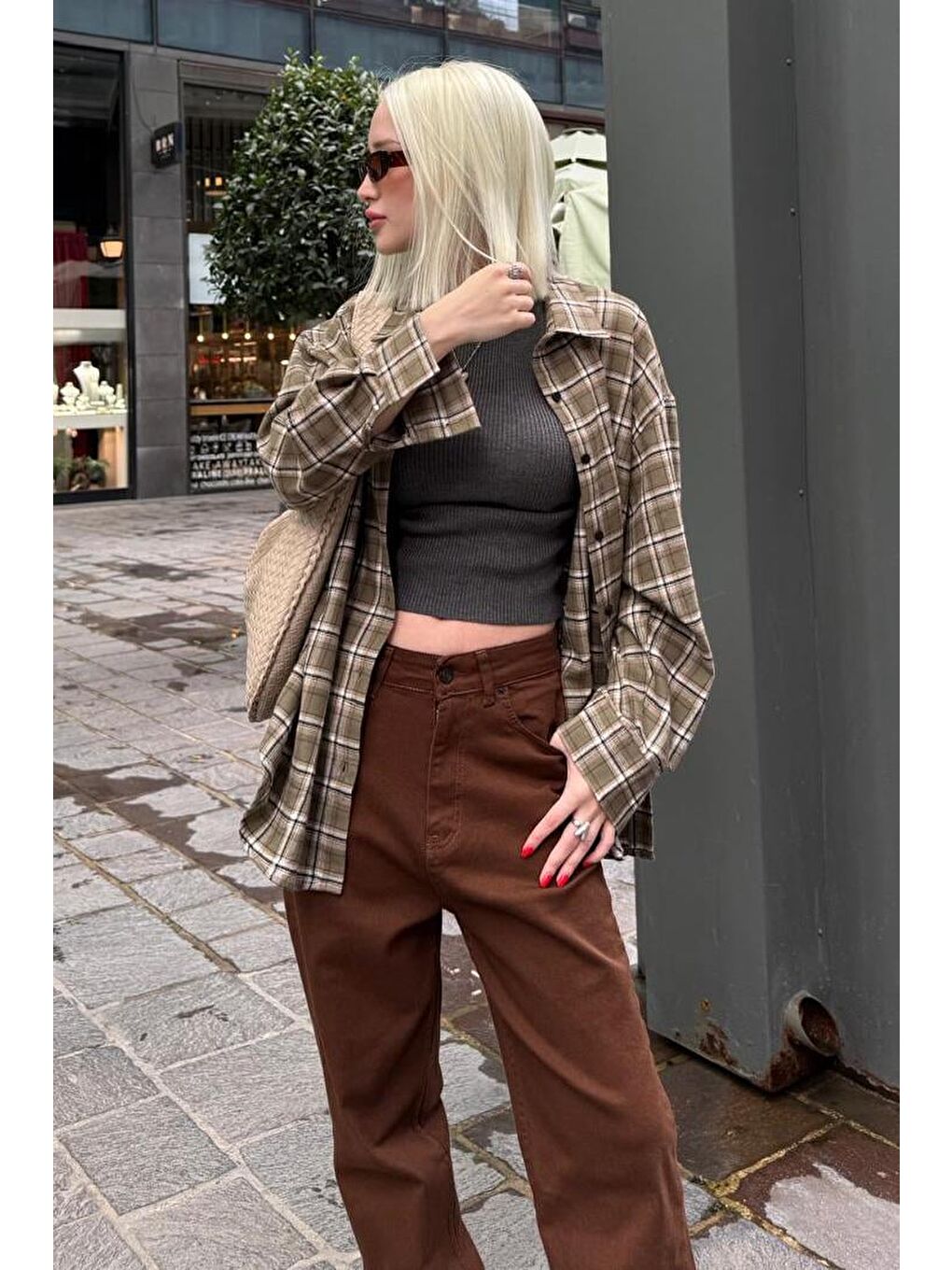 Haki Oversize Ekose Desenli Kadın Gömlek Mg2589-2