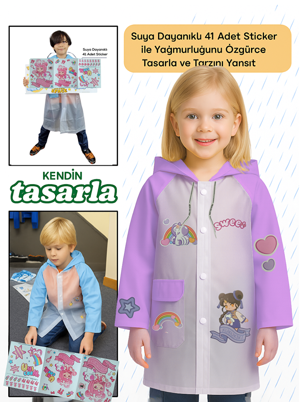 Beyaz Lila Kendin Tasarla Kız Çocuk Yağmurluk-2