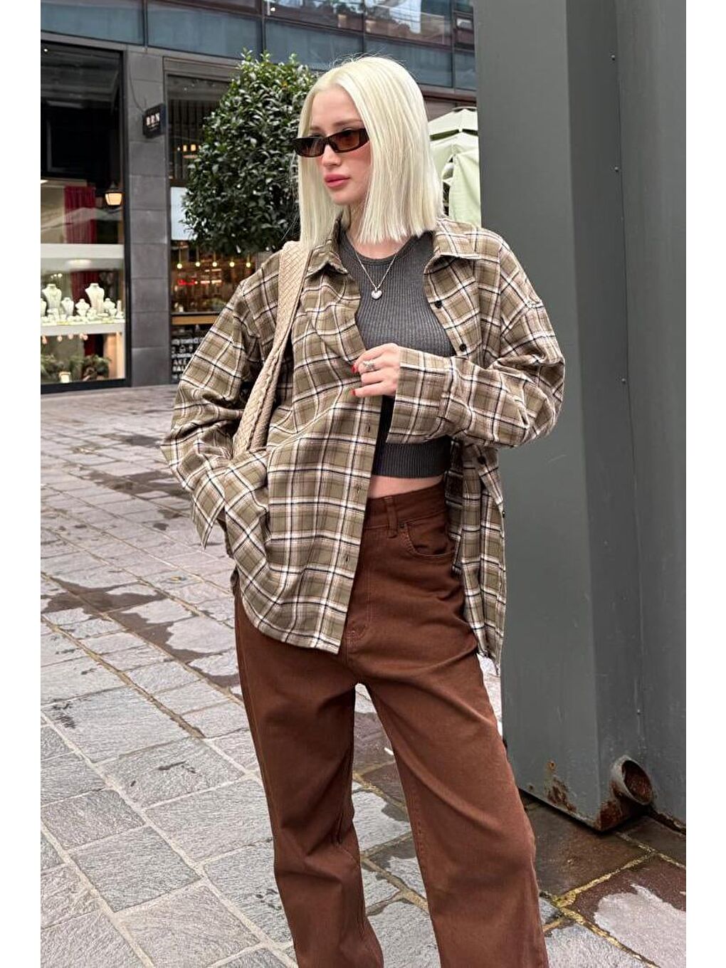 Haki Oversize Ekose Desenli Kadın Gömlek Mg2589-3