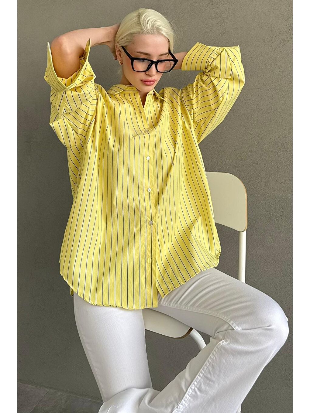 Sarı Çizgili Regular Kesim Kadın Gömlek Mg2610-6