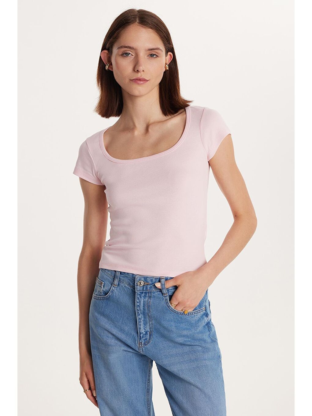 Kadın Slim Fit Dar Kesim Pamuklu Kısa Kollu U Yaka Pembe Bluz