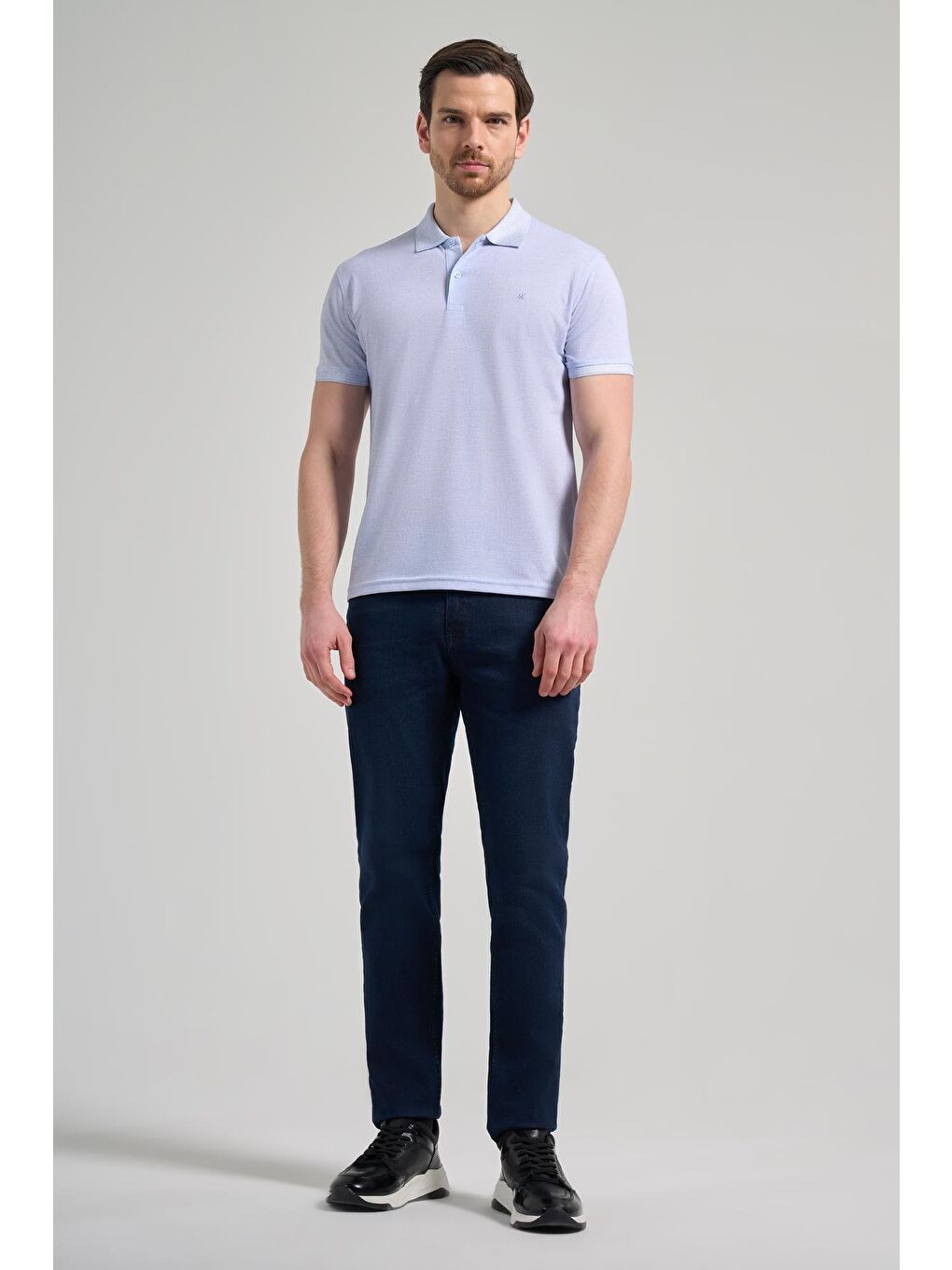 Koyu Mavi Kısa Kol Baskılı Pike Polo Yaka Cepsiz Esnek Casual Slim Fit Tişört 1011250151-1