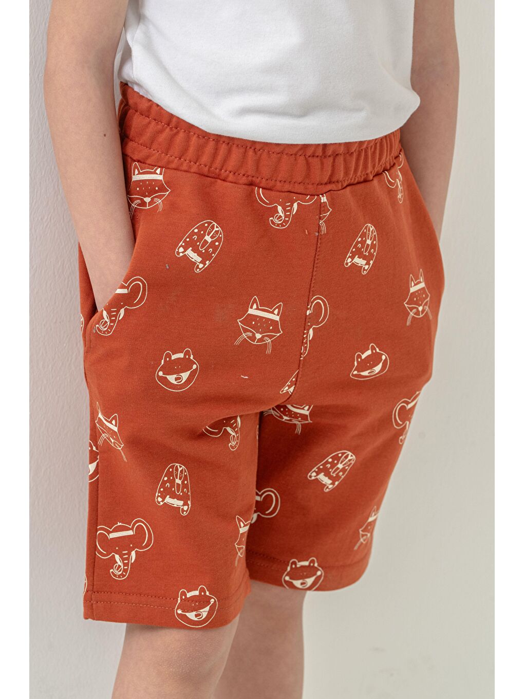 Kahverengi Tüm Alan Kedi Baskılı Erkek Çocuk Şort-7