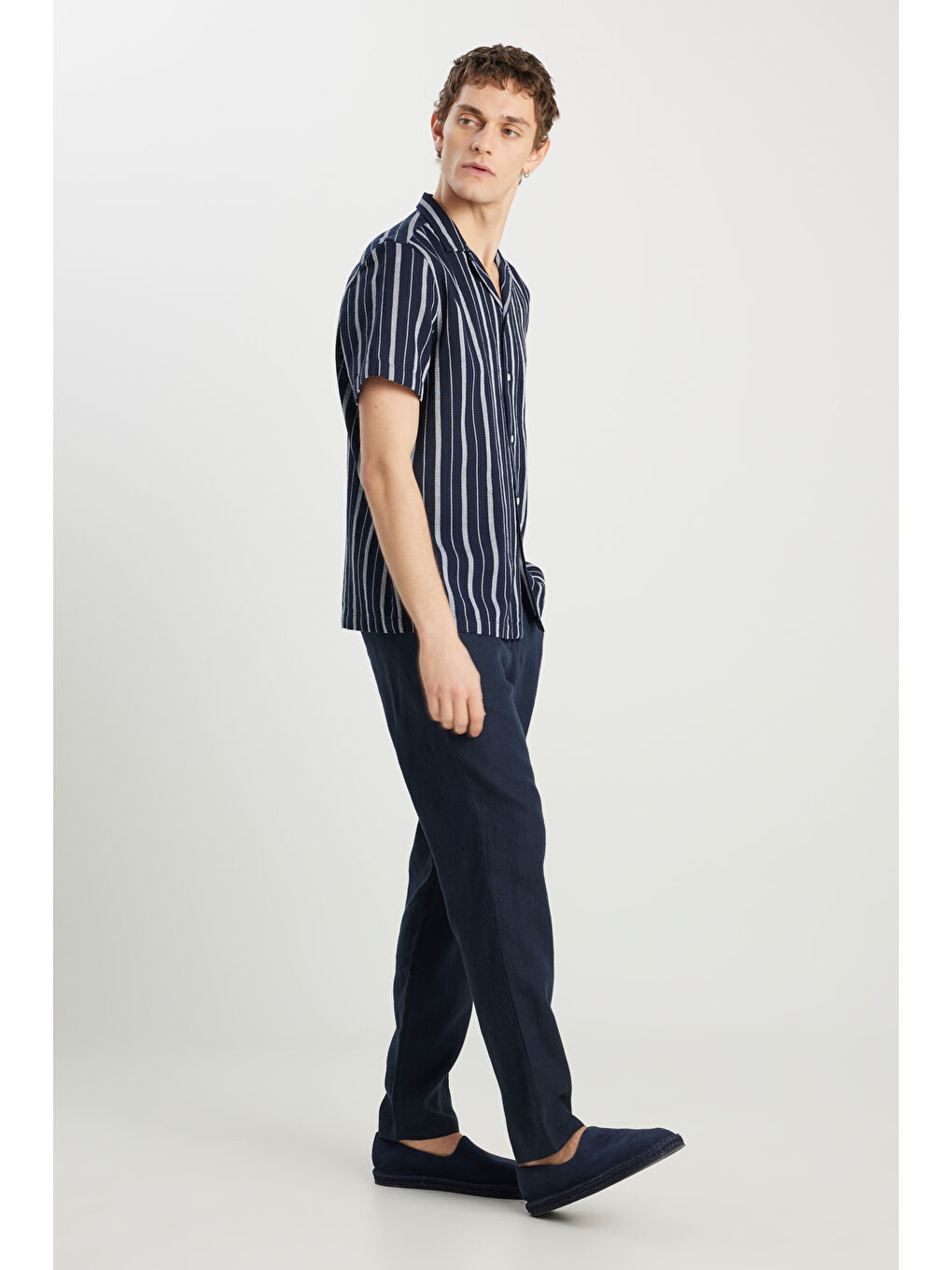 %100 Keten Regular Fit Normal Kesim Normal Bel Düz Paça Lacivert Pantolon-1