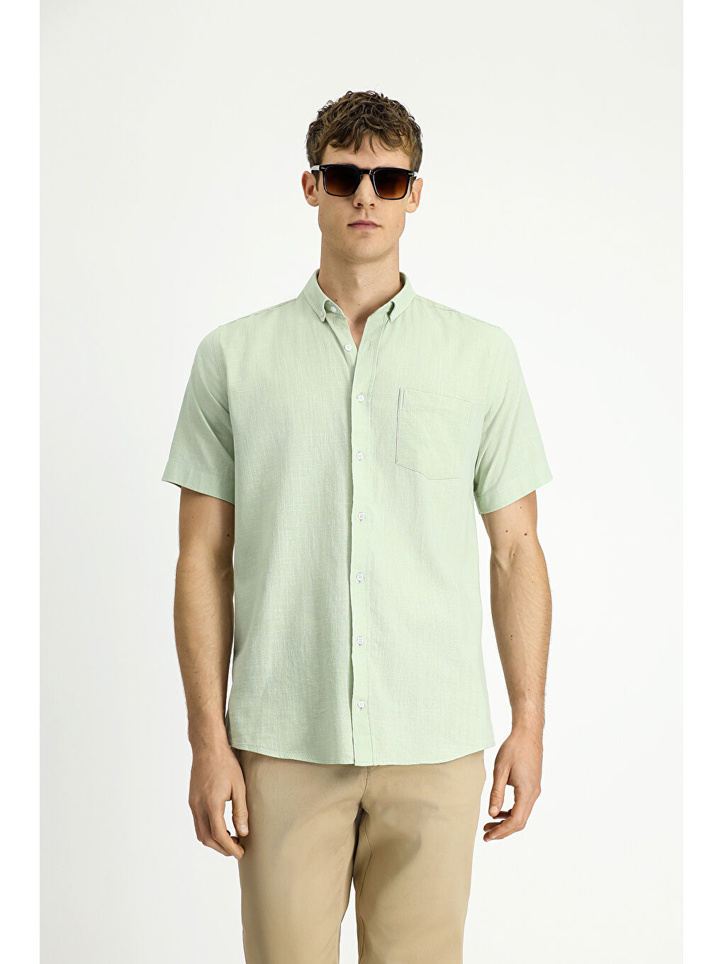 Turkuaz Kısa Kol Relax Fit Düğmeli Yaka Keten Görünümlü Pamuk Spor %100 Pamuk Gömlek-3