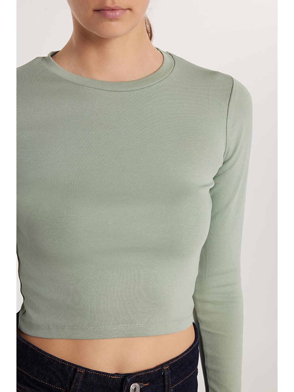 Kadın Slim Fit Pamuklu Uzun Kol Düz Yeşil Bisiklet Yaka Bluz-2