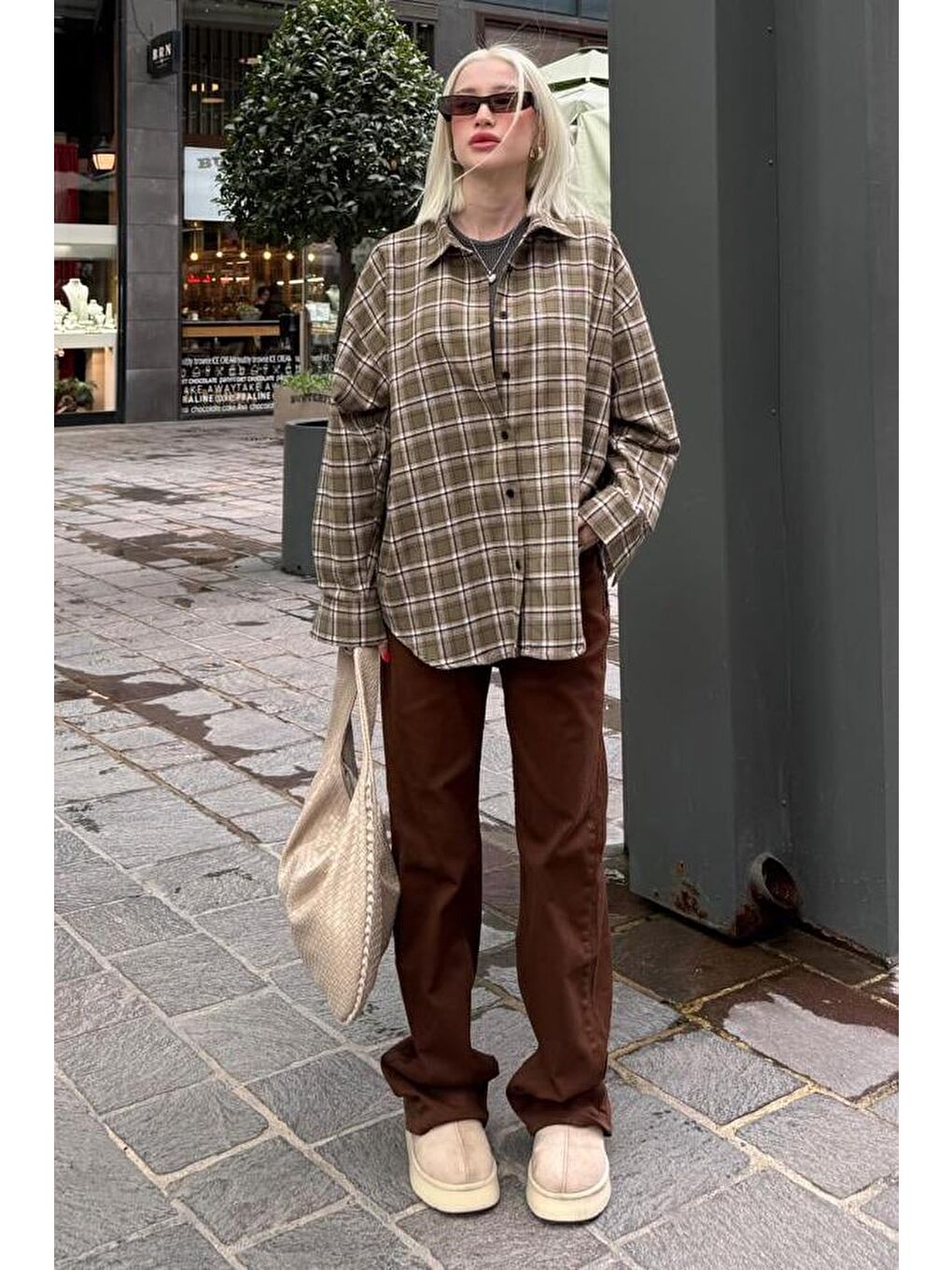 Haki Oversize Ekose Desenli Kadın Gömlek Mg2589-4