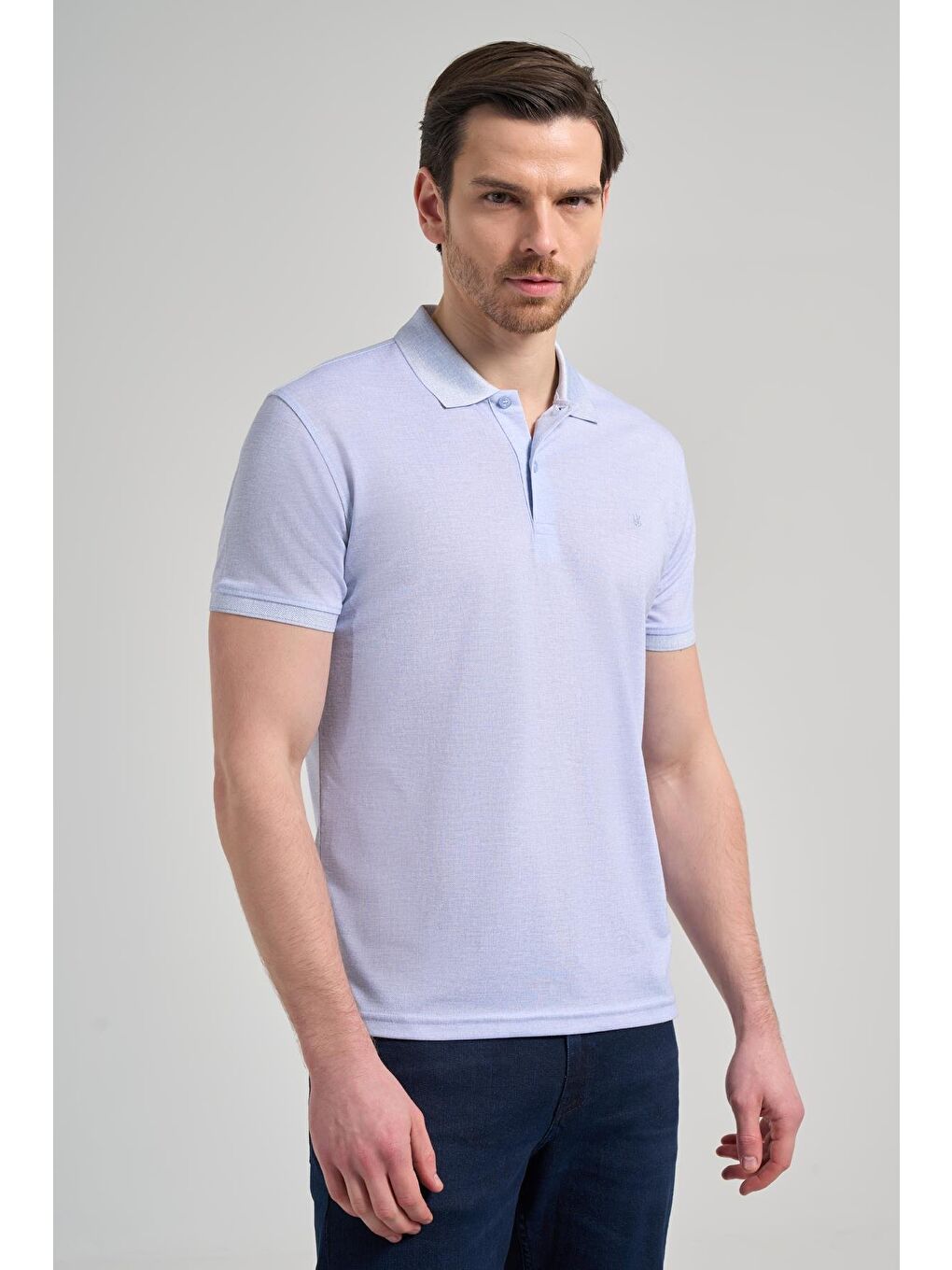 Koyu Mavi Kısa Kol Baskılı Pike Polo Yaka Cepsiz Esnek Casual Slim Fit Tişört 1011250151-2