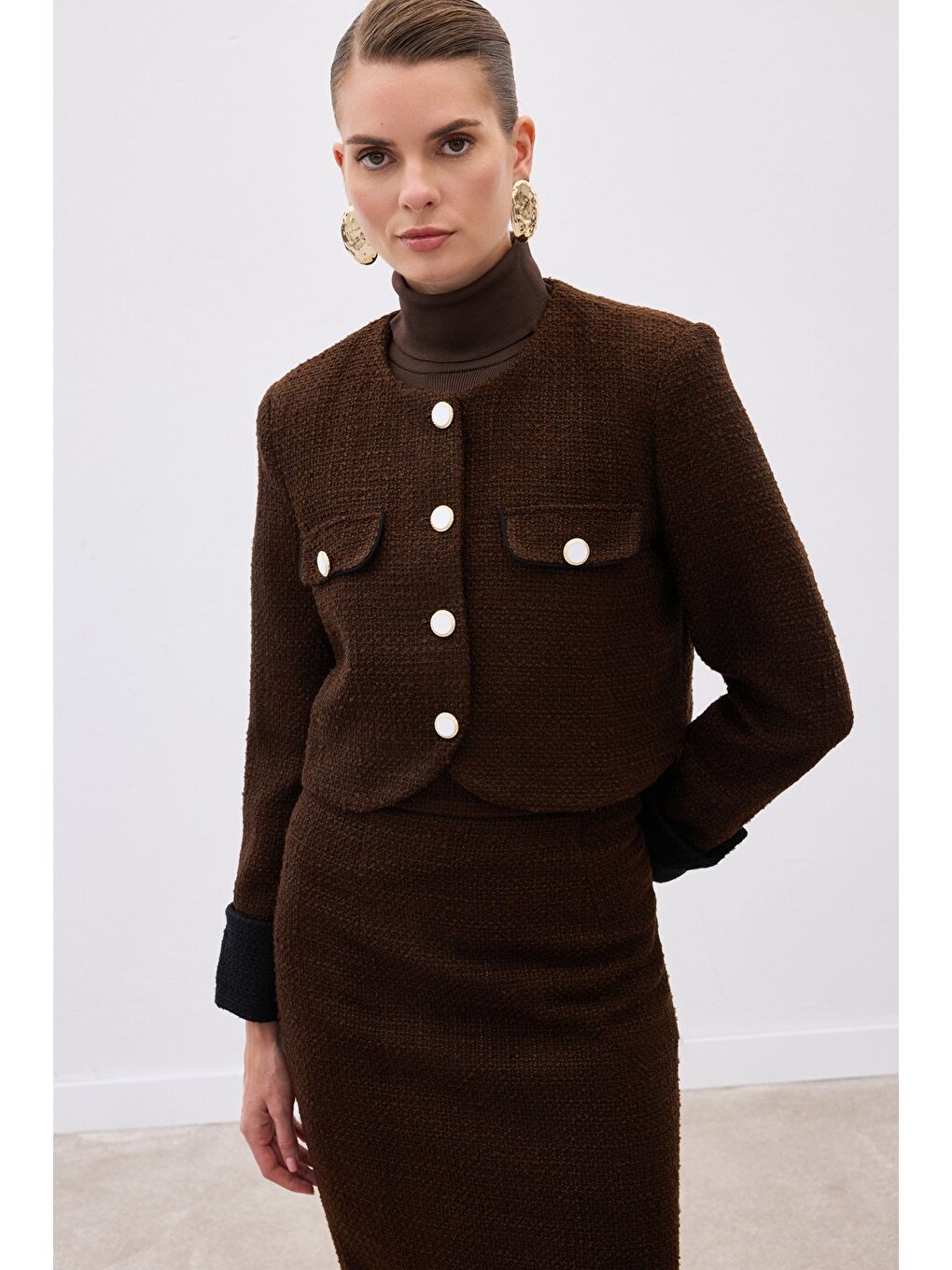 Kahverengi Kontrast Kısa Tüvit Ceket - Kahve-4