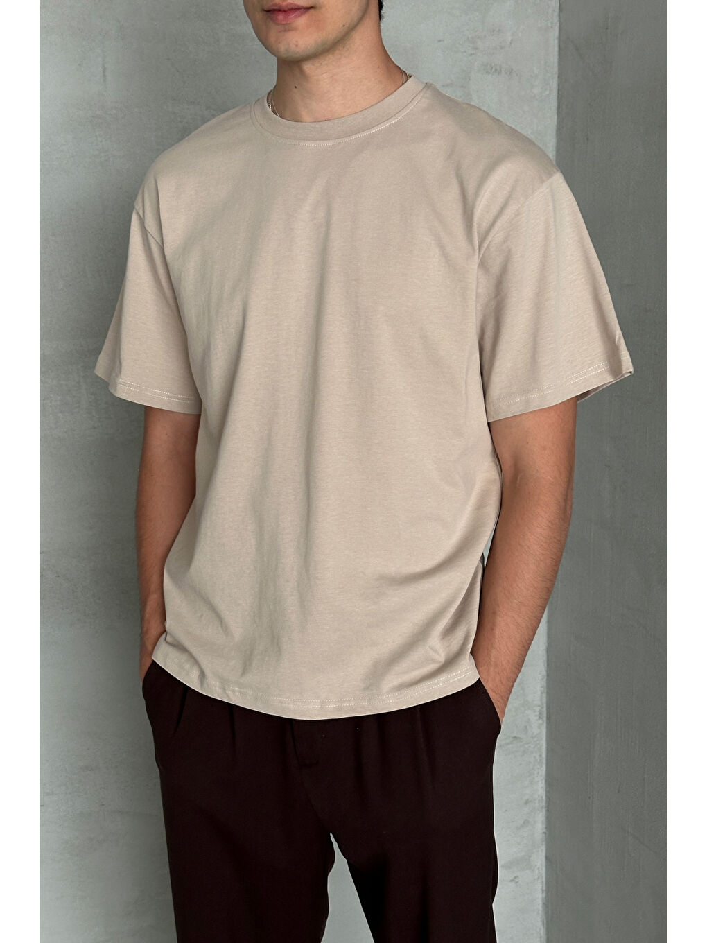 Bej Erkek %100 Pamuk Oversize Basic T-shirt